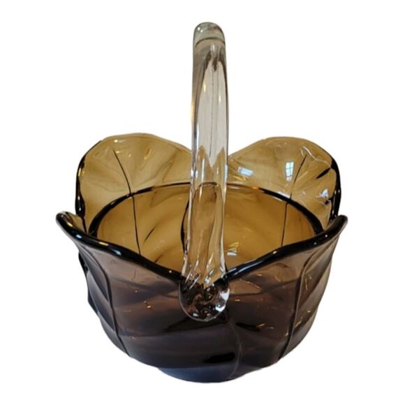 Vintage Viking Hand Made Amber Leaf Clear Handle Collectable Glass Bowl - Picture 2 of 6